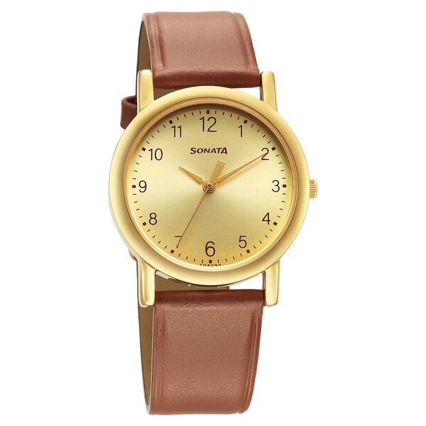 Sonata Classic Quartz Analog Champagne Dial Brown Leather Strap Watch for Men - image number 0