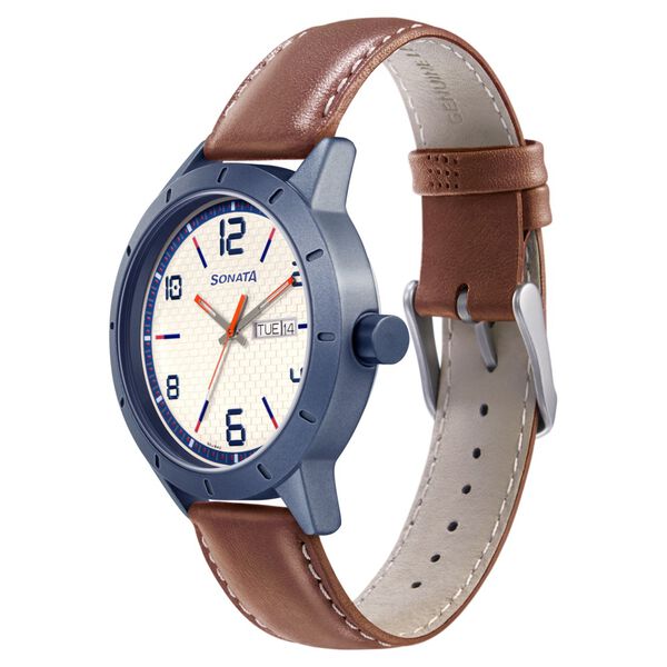 Sonata Quartz Analog with Day and Date White Dial Leather Strap Watch for Men - image number 1