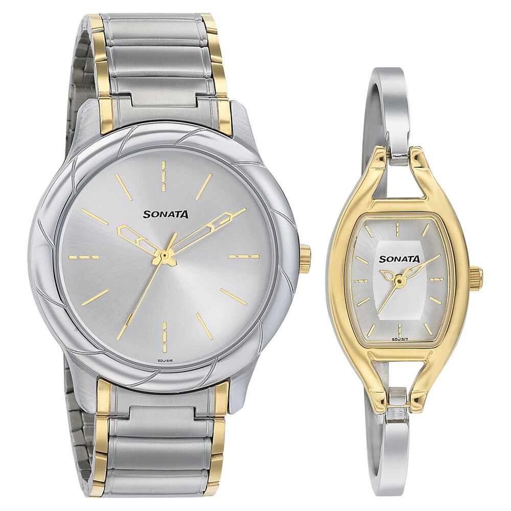 Buy Online Sonata Quartz Analog Silver Dial Stainless Steel Strap Watch for Couple ns71258114bm01p Sonata