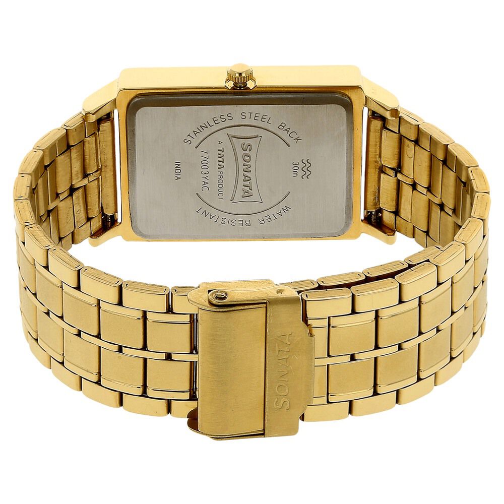 Buy Online Sonata Quartz Analog with Day and Date Champagne Dial Stainless Steel Strap Watch for Men nh77003ym05 Sonata