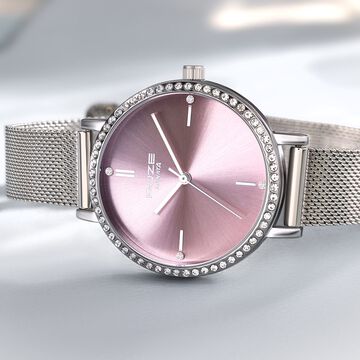 Sonata Poze Quartz Analog Pink Round Dial Silver Mesh Strap Watch For Women