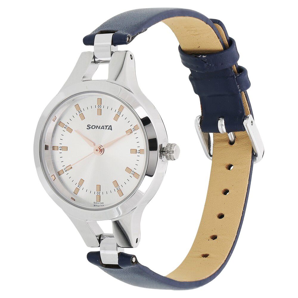 Sonata Steel Daisies Silver Dial Women Watch With Leather Strap