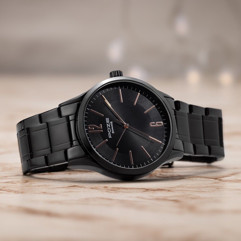 Buy Online Sonata Poze Quartz Analog Black Dial Metal Strap Watch for Men sp70022nm01w Sonata