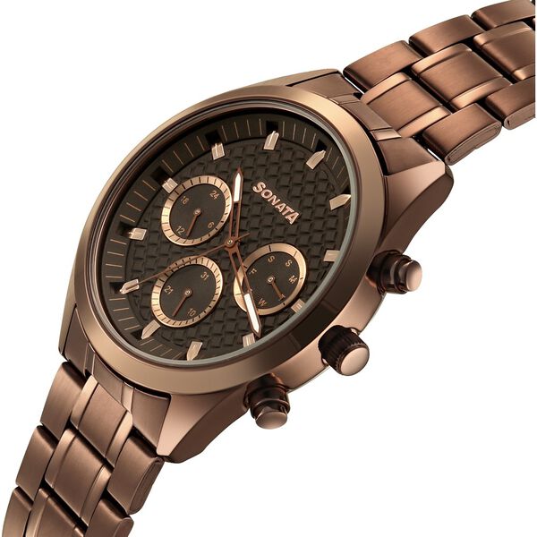 Sonata Summit Quartz Multifunction Brown Dial Brown Metal Strap Watch For Men - image number 4
