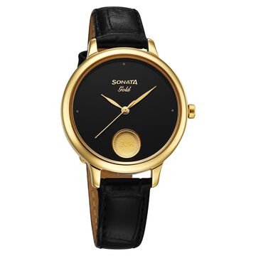 Sonata Gold Quartz Analog Black Dial Leather Strap Watch For Women