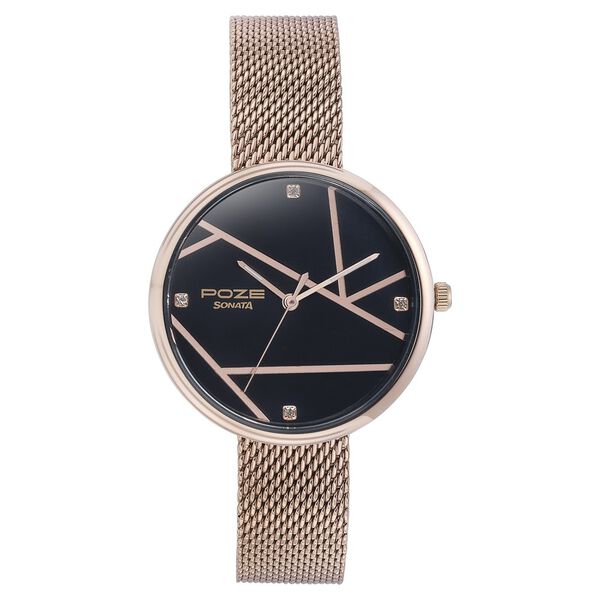 Sonata Poze Quartz Analog Black Dial Rose Gold Color Stainless Steel Strap Watch For Women - image number 1