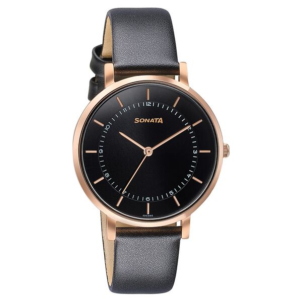 Sonata Modern Edit Quartz Analog Black Dial Leather Strap Watch For Women - image number 2