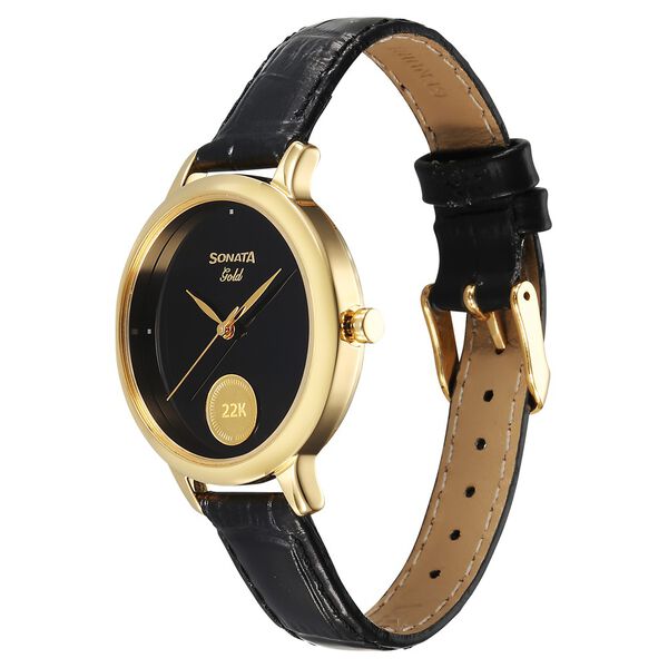 Sonata Gold Quartz Analog Watch for Women with Black Dial Leather Strap With An Eye-Catching Gold Coin on Dial - image number 2