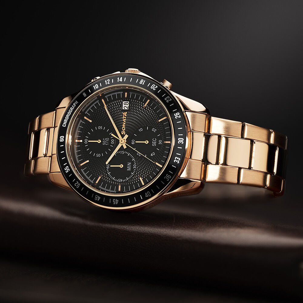 Sonata Chronos Quartz Analog with Date Black Dial Rose Gold Colour Stainless Steel Strap Watch For Men-picture-14
