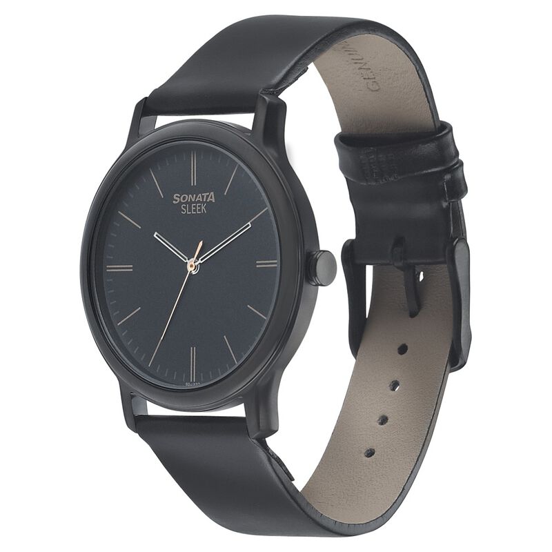 Sonata Quartz Analog Black Dial Leather Strap Watch for Men