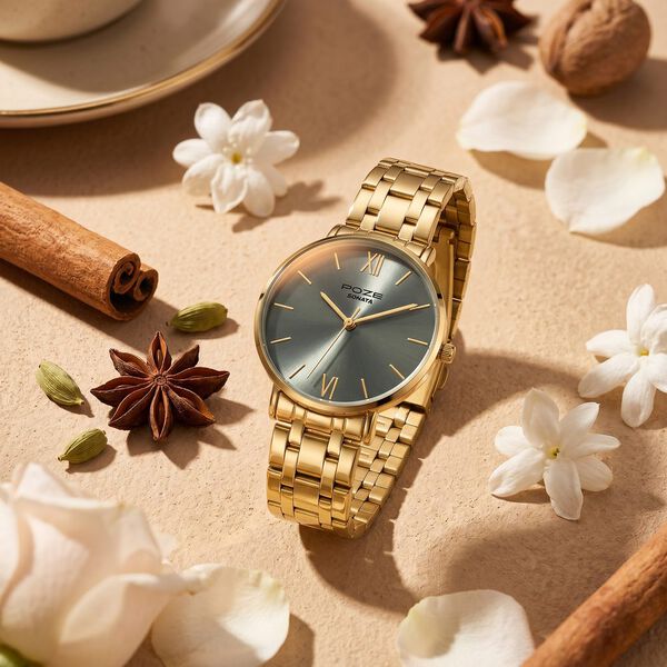 Poze By Sonata Quartz Analog green&nbsp;Dial Golden Stainless Steel Strap Watch For Women - image number 0