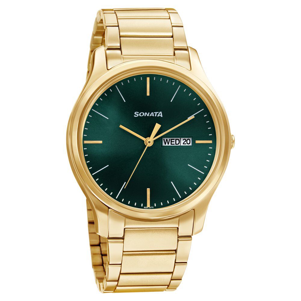 Buy Online Sonata Quartz Analog with Day and Date Green Dial Stainless Steel Strap Watch for Men ns77082ym05w Sonata