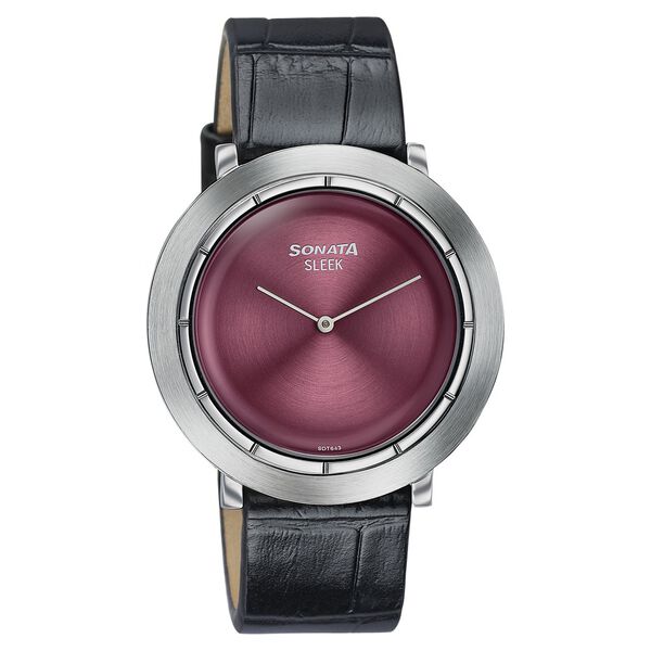 Sonata Sleek Burgundy Dial Silver-Tone Leather Strap Watch - image number 1