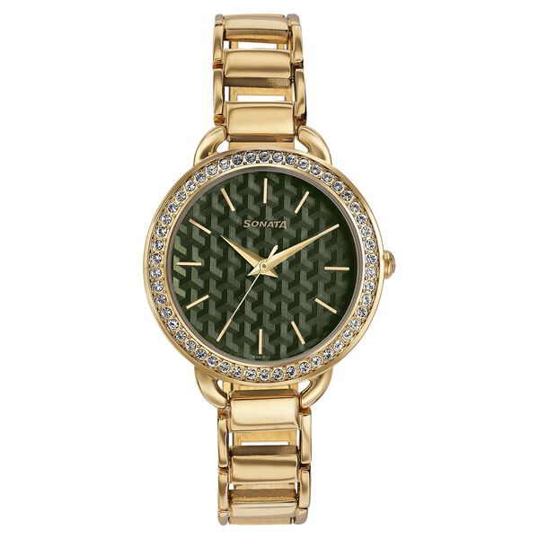 Sonata Wedding Bling Quartz Analog Green Dial Rose Gold Metal Strap Watch for Women - image number 0