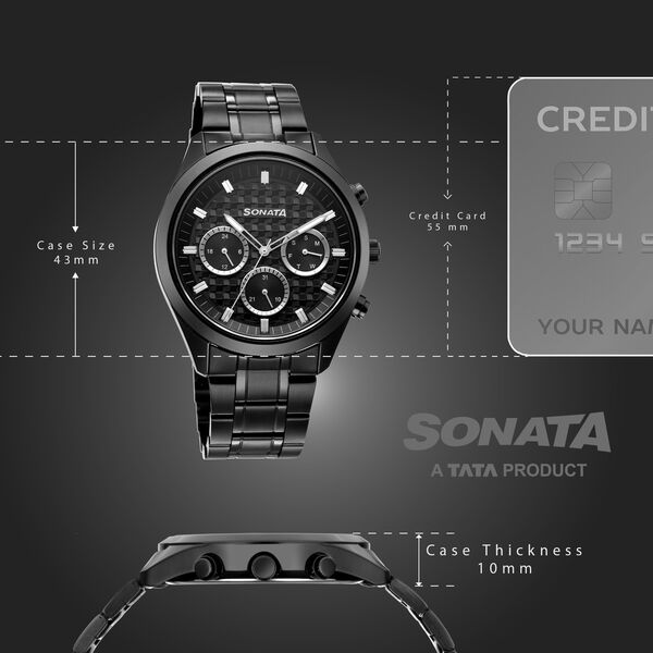 Sonata Summit Quartz Multifunction Black Dial Black Metal Strap Watch For Men - image number 3
