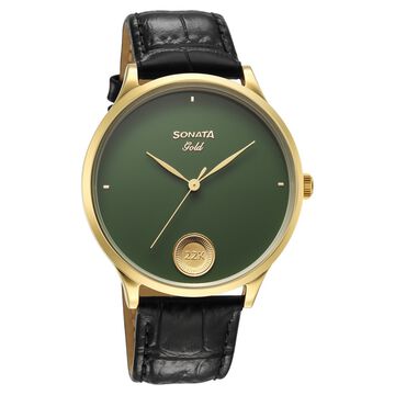 Sonata Sonata Gold Quartz Analog Sacred Forest Green With Gold Coin Dial Black Leather Strap Watch For Men