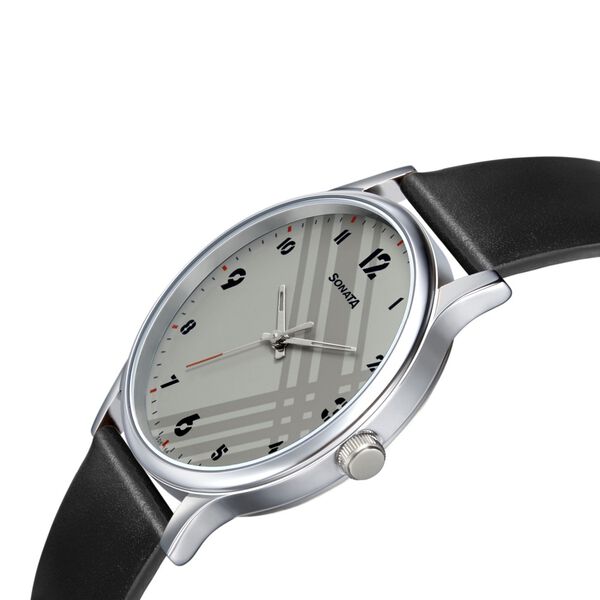 Sonata Smart Plaid Quartz Analog White Dial Leather Strap Watch for Men - image number 2