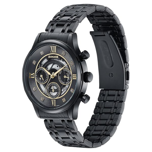 Sonata Quartz Multifunction Black Dial Stainless Steel Strap Watch For Men - image number 3