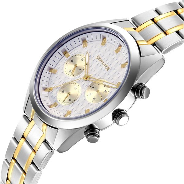 Sonata Summit Quartz Multifunction White Dial Two Toned Metal Strap Watch For Men - image number 4
