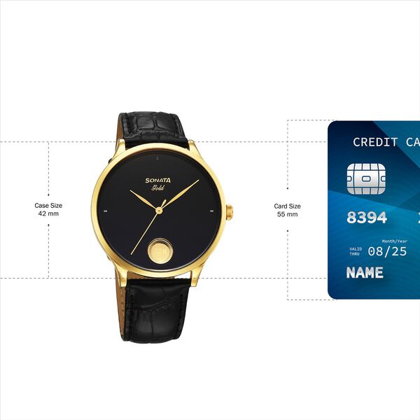 Sonata Gold Quartz Analog Watch for Men with Black Dial Leather Strap With An Eye-Catching Gold Coin on Dial - image number 3