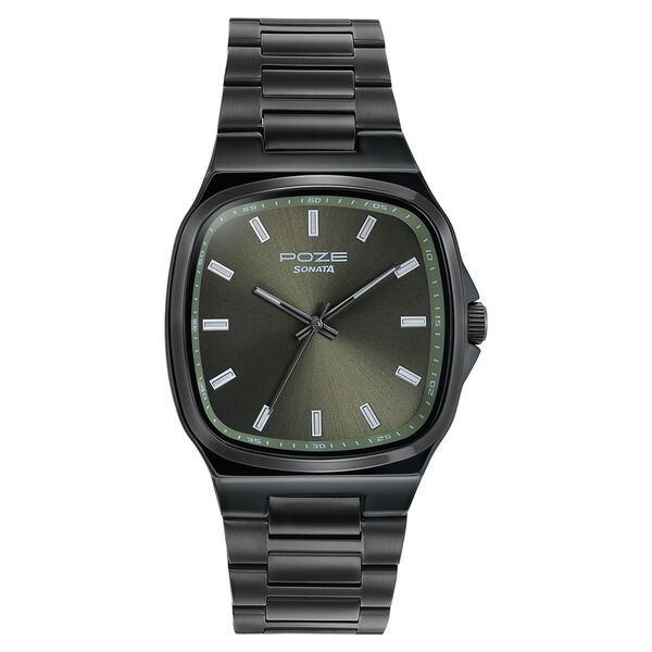 Poze Poze Quartz Analog Green Dial Grey Metal Strap Watch For Men - image number 1