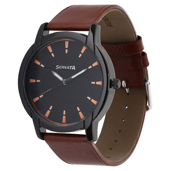 Sonata Quartz Analog Black Dial Leather Strap Watch for Men - image number 1