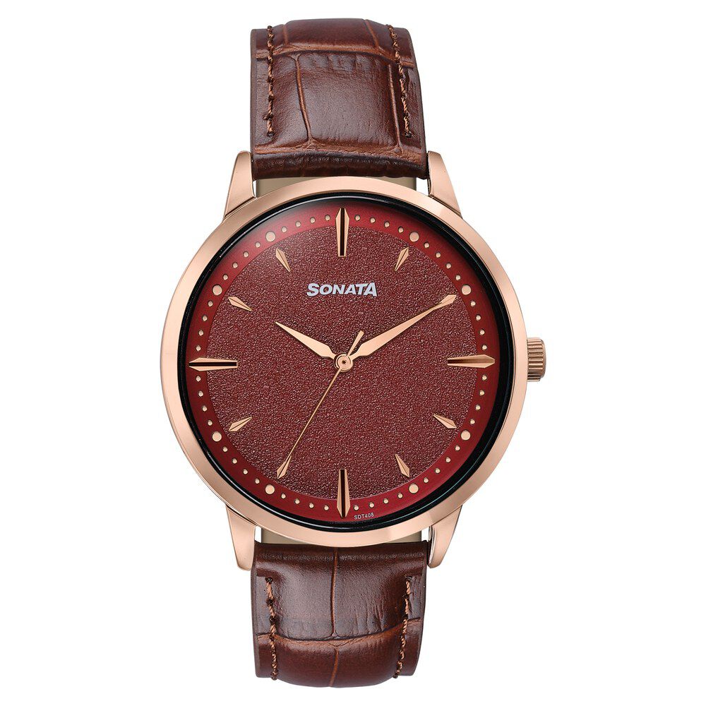 Sonata Jashn Quartz Analog Red Dial Brown Leather Strap Watch For Men-image-10