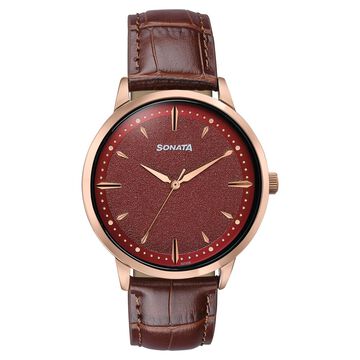 Sonata Jashn Quartz Analog Red Dial Brown Leather Strap Watch For Men