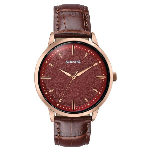 Sonata Jashn Quartz Analog Red Dial Brown Leather Strap Watch For Men - image number 0