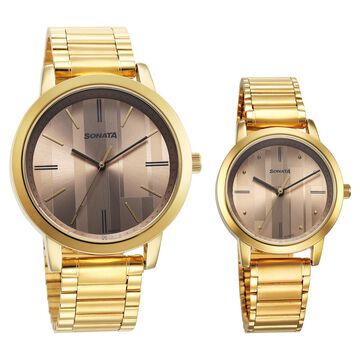 Sonata Alloy Pairs Quartz Analog Brown Stainless Steel Strap for Couple