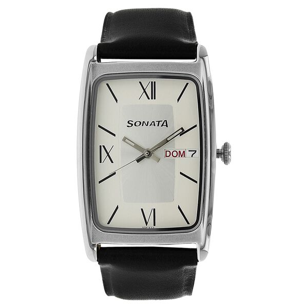 Sonata Quartz Analog with Day and Date Silver Dial Leather Strap Watch for Men - image number 0