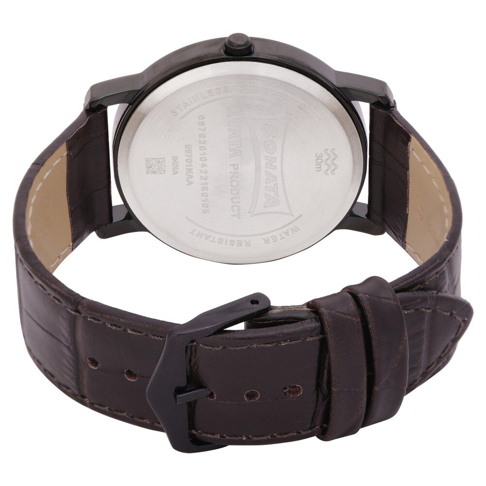 Sonata Quartz Analog Golden Dial Leather Strap Watch for Men