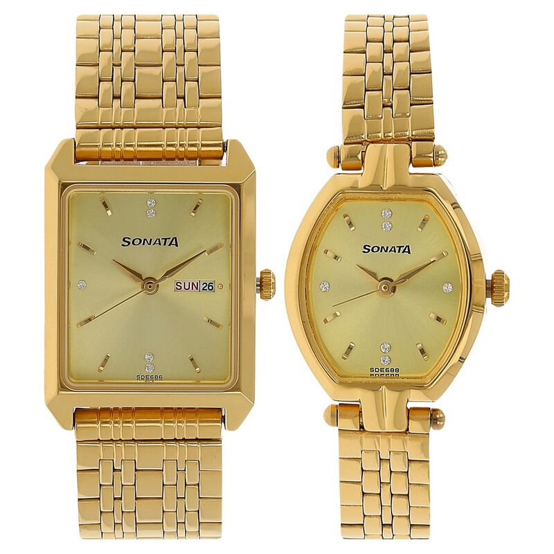 Sonata Quartz Analog with Day and Date Golden Dial Stainless Steel Strap  Watch for Couple