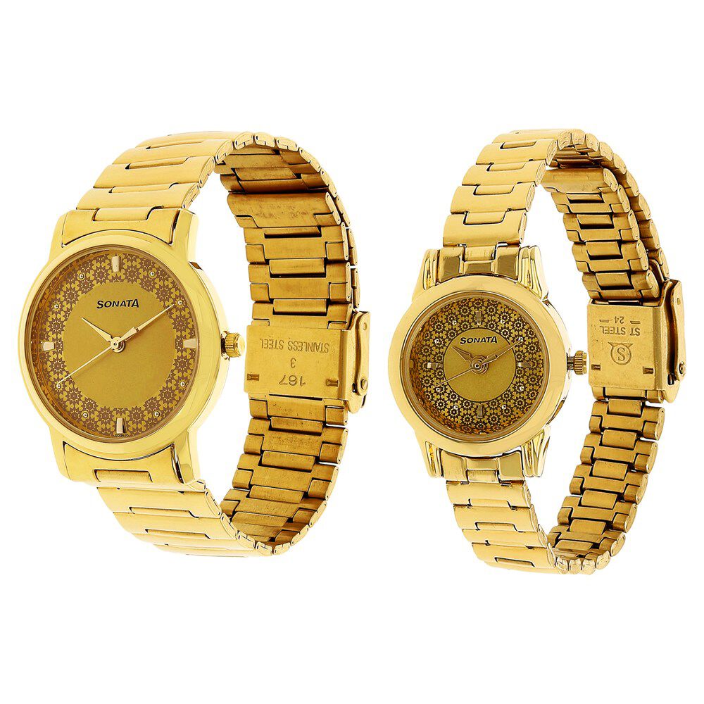 Sonata Quartz Analog Golden Dial Metal Strap Watch for Couple