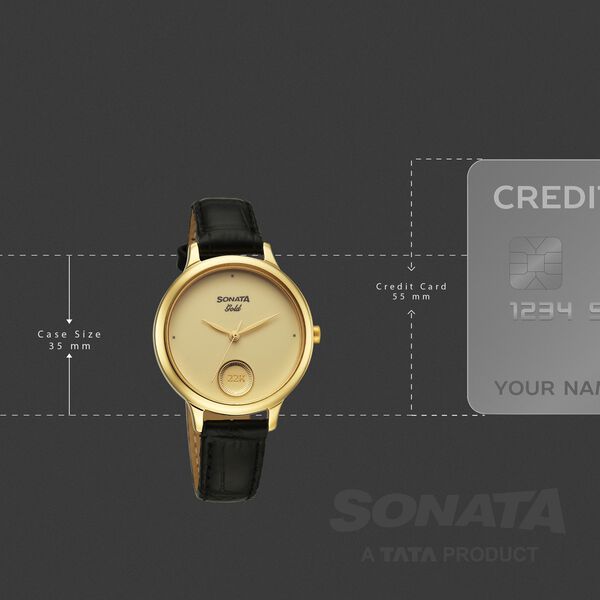 Sonata Sonata Gold Quartz Analog Champagne With Gold Coin Dial Black Leather Strap Watch For Women - image number 3