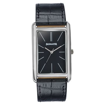 Sonata Ascent Black Rectangular Watch with Black Leather
