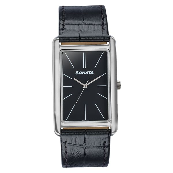 Sonata Ascent Black Rectangular Watch with Black Leather - image number 0
