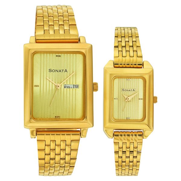 Sonata Quartz Analog Champagne Dial Strap Watch for Couple - image number 0