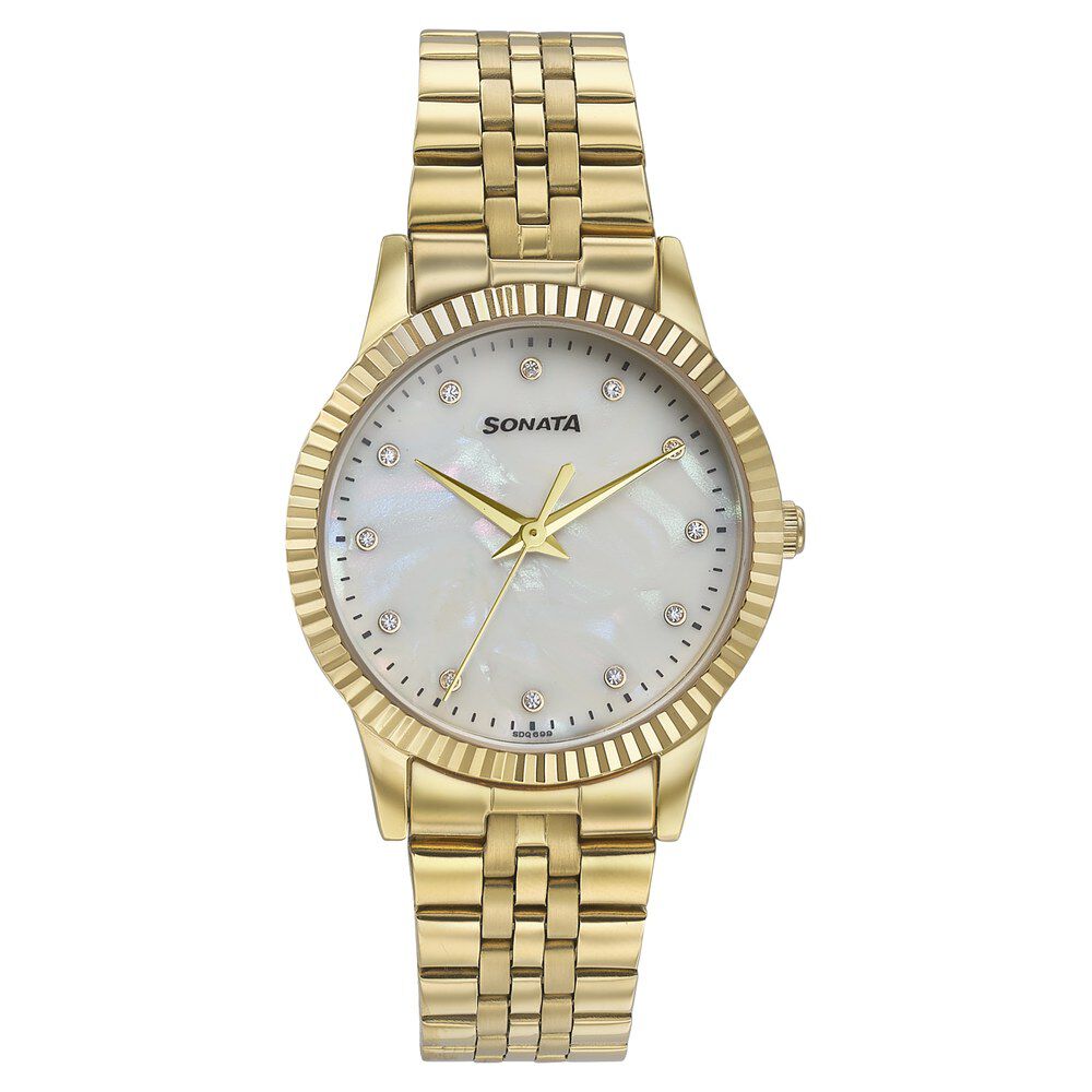 Sonata Glam Gold Quartz Analog Off White Dial Stainless Steel Strap Watch For Women
