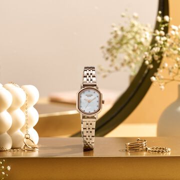 Poze By Sonata Quartz Analog White Mother of Pearl Dial Rose Gold Stainless Steel Strap Watch For Women