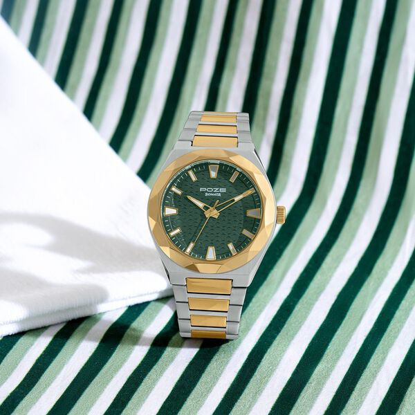 Poze Poze Quartz Analog Green Dial Two Toned Metal Strap Watch For Men - image number 0
