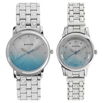 Sonata Quartz Analog Silver Dial Metal Strap Watch for Couple