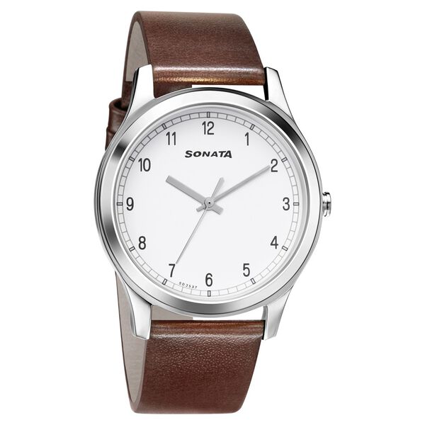 Sonata Quartz Analog White Dial Leather Strap Watch for Men - image number 0