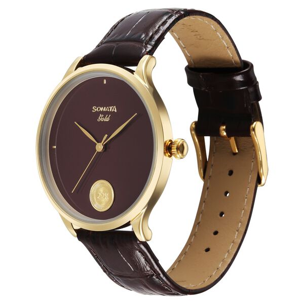 Sonata Gold Quartz Analog Regal Maroon With Gold Coin Dial Brown Leather Strap Watch For Men - image number 2