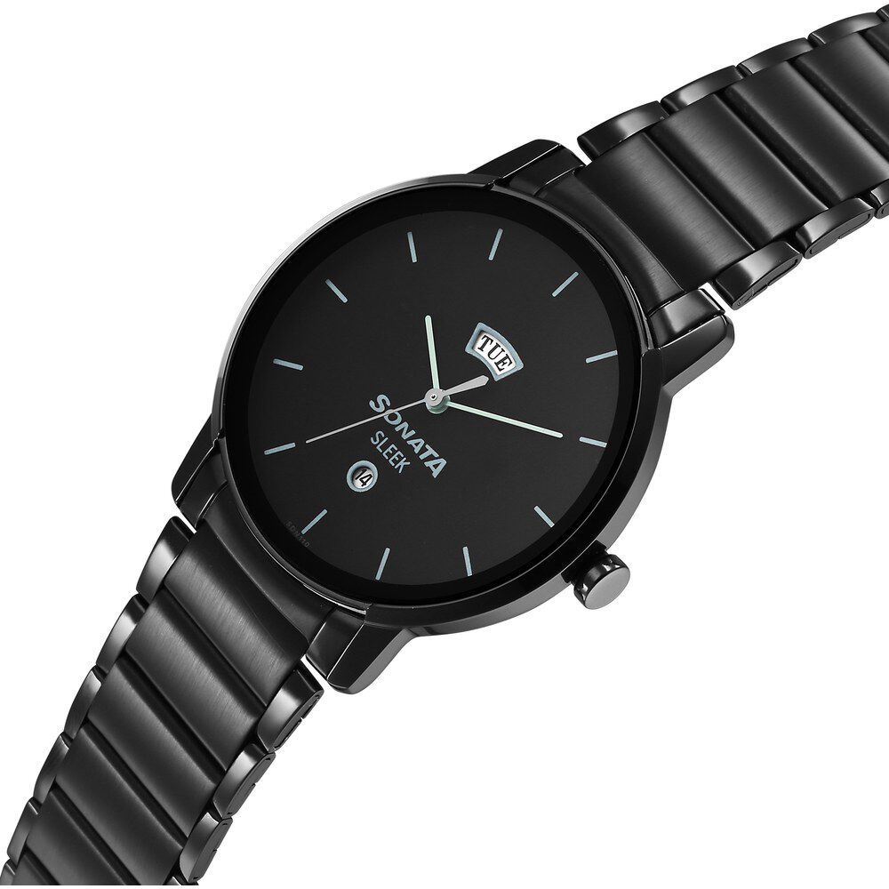 Sonata sleek black dial analog watch for men with date function new arrivals