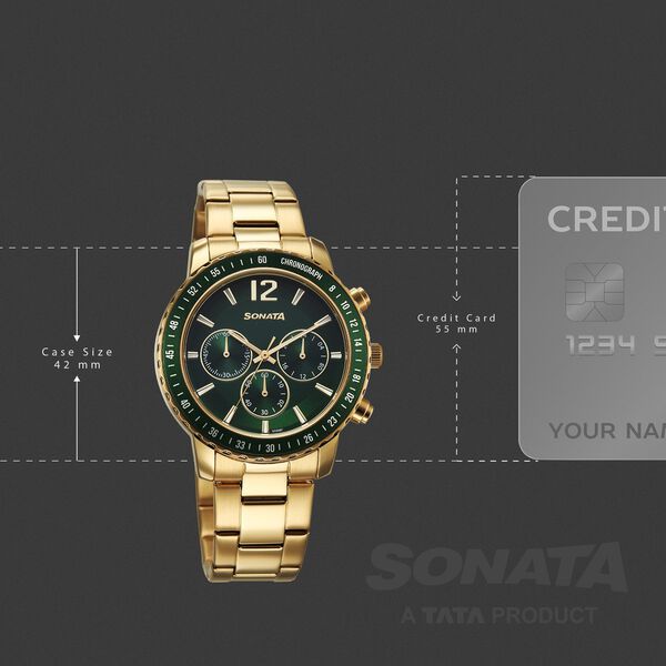Sonata Chronos Quartz Analog with Date Green Dial Golden Colour Stainless Steel Strap Watch For Men - image number 3