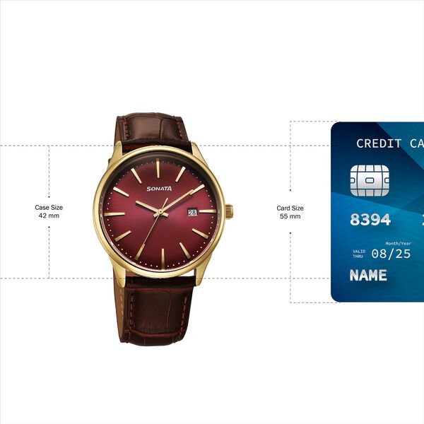 Sonata Eternia Quartz Analog with Date Maroon Dial Leather Strap Watch For Men - image number 3