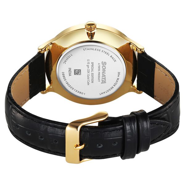 Sonata Gold Quartz Analog Watch for Men with Black Dial Leather Strap With An Eye-Catching Gold Coin on Dial - image number 4