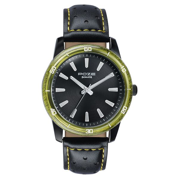 Poze By Sonata Quartz Analog Black Dial Two Toned Leather Strap Watch For Men - image number 1