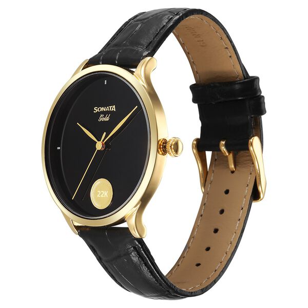 Sonata Gold Quartz Analog Watch for Men with Black Dial Leather Strap With An Eye-Catching Gold Coin on Dial - image number 2